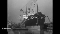 1937: METAL SHIPMENTS: WS Locomotive train on dock pulling up next to ship 'Steel Exporter.' WS Japanese ship, cranes lifting cargo. MS Ship 'Tatsuno Maru,' crane w/ metal piece. WS Worker on ship, crane w/ flat metal loading, stacks of iron bars FG. Instructional Video