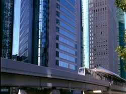 WA shiodome buildings and Yurikamome line, Tokyo, Japan Stock Footage