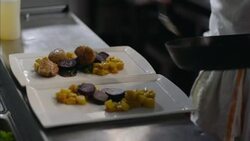 Gourmet chef serves pan-seared sea scallops on plate of butternut squash and purple potatoes in restaurant kitchen Stock Footage