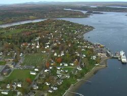 MS AERIAL ZI ZO PAN View of Castine town / Maine, United States Stock Footage
