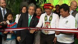 Opening of the Indigenous Pavilion at COP 20 complete with rainforest and geodesic dome News Clip