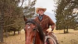 SLO MO Cowboy riding his brown horse in countryside Stock Footage