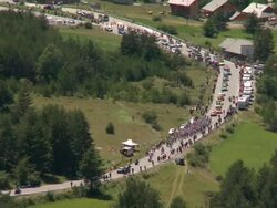 ZO Peloton approaching Col de MontgenÃ¨vre, BrianÃ§on, France Stock Footage