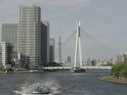 Sightseeing Boat along Sumida Gawa River Stock Footage