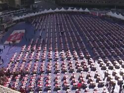 MS T/L Shot of Kimchi ( traditional fermented Korean side dish) making festival at Seoul city hall square / Seoul, South Korea Stock Footage