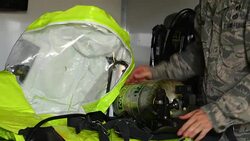 Bossier City, Louisiana Military Varksdale Air Fouce Base All Hazard Response Team AF officier checking equipment for HMR or Hazardous Materials Response Stock Footage