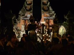 MS Balinese performing Kecak Monkey Dance in temple at night   AUDIO / Ubud, Bali, Indonesia Stock Footage