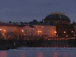 WS Traffic flowing on legions bridge near national theatre at night / Prague, Hlavni mesto Praha, Czech Republic Stock Footage