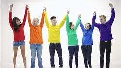 Gay pride group standing in unity holding hands in victory Stock Footage