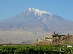 Khor Virap monastery, view of the church of the Holy Mother of God, Saint Astvatsatsin and the Ararat mountain in the background Stock Footage