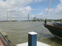 MS Shot of boat on docked and bridge in distance/ Savannah, Georgia, United States Stock Footage