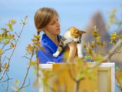 painter girl with a cat Stock Footage