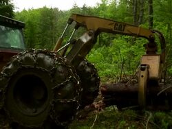 Hand held full shot following skidder grabbing a bunch of logs. Stock Footage