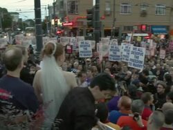 2009 HA WS ZO People listening to speakers at a rally in support of same-sex marriage/ San Francisco, California, USA/ AUDIO Stock Footage