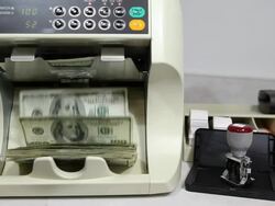 Bank Money Counting Machine with $100 Bills Stock Footage