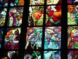 St. Vitus Cathedral, New Archbishop Chapel, Mucha stained-glass window, Prague, Czech Republic Stock Footage