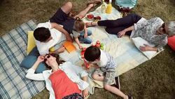 Multi-generation family relaxing and eating watermelon on picnic blanket Stock Footage
