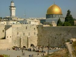 WS, HA, people by Wailing Wall with cityscape in background, Jerusalem, Israel Stock Footage