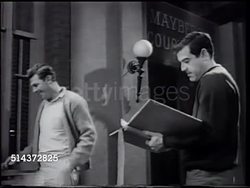 1966: BEHIND THE SCENES: THE ANDY GRIFFITH SHOW REHEARSAL: WS Jack Burns, Howard McNear & Andy Griffith on set outside courthouse, VS Don Knotts off scene, George Lindsey asking Andy question at door, MS Sheriff sign on door.  [VO Andy on politics Instructional Video