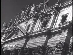 1950: VATICAN CITY: HA TD Large Vatican Crest (Pope Pius XII) on ground. TU Basilica Sancti Petri (St. Peter's Basilica) w/ esus Christ & Apostle statues on roof edge.  Religious Icon, Icons, Christian, Catholic, Holy See. Instructional Video