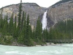 MS People walking on bridge over river at Takkakaw Falls / Yoho Nationalpark, British Columbia, Canada Stock Footage