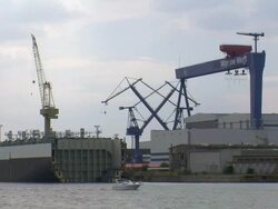 WS View of Warnow shipyard / Warnemuende near Rostock, Mecklenburg-Western Pomerania, Germany Stock Footage