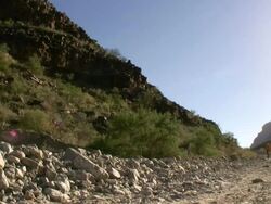 Low Angle static - A man rides his mountain bike over a rocky dirt road / Grand Canyon, Arizona, USA Stock Footage