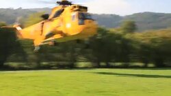 An RAF search and rescue Sea King helicopter, in Ambleside, Lake District, UK. Stock Footage