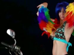 MS TU Female model in bikini, blue wig, gems on face / Montezuma, Punteranes, Costa Rica Stock Footage