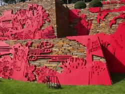 WS PAN Chinese traditional paper cut patterns on wall in park/xian,shaanxi,China Stock Footage