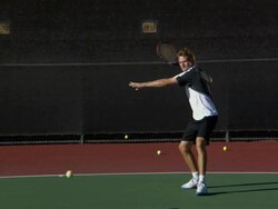 SLO MO, WS, Young man playing tennis, Santa Barbara, California, USA Stock Footage