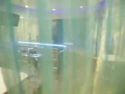 CU PAN Coming around sheer curtain surrounding of hotel restaurant glass tables / Wickenburg, Arizona,USA Stock Footage