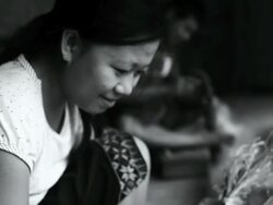 MS TD SLO MO Shot of woman smiling and her hands assembling garlic plants into bunch / Village near Luang Prabang, Laos Stock Footage