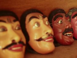 CU R/F Shot of handmade masks / Mas, Bali/Gianyar/Ubud, Indonesia Stock Footage