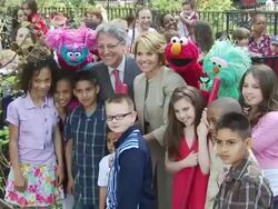 Katie Couric, Gary E. Knell, Elmo and participants at the Katie Couric and Sesame Street Muppets - When Families Grieve at New York NY. (Footage by WireImage Video/GettyImages) Stock Footage