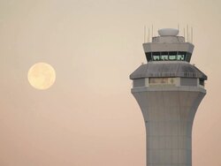 airport control tower with moon Stock Footage