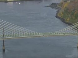 WS AERIAL ZI ZO PAN View of traffic moving over Penobscot Narrows Bridge / Maine, United States Stock Footage
