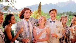 Bride and groom toasting champagne flutes with friends and family Stock Footage