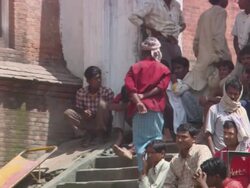 MS ZO People gather on steps and watching cremation of deceased body AUDIO / Kathmandu, Central Region, Nepal Stock Footage