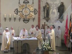 MS Shot of catholic mass at curch St. Marien Saarburg-Beurig, with cardinal Meisner, Cologne / Saarburg, Rhineland Palatinate, Germany Stock Footage