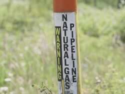 MS Pan Sign of marker for Warning Natural Gas Pipeline with grass / Beaverton, Oregon, United States  Stock Footage