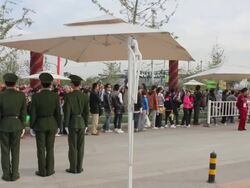 WS PAN View of people waiting in line in 2011 International Horticultural Exposition/xian,shaanxi,China Stock Footage