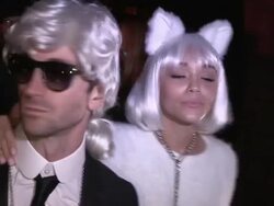 Ashley Madekwe & Iddo Goldberg as Karl Lagerfeld & Choupette departing Casamigos Halloween Party in Beverly Hills Stock Footage