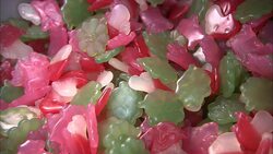 A scoop removes green and pink gummie candies from a bin. Stock Footage