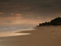 WS T/L PAN View of Early morning walkers, exercisers and swimmers on beach as sky lightens with umbrellas and palm trees behind / Hoi An, Vietnam Stock Footage