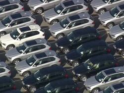 CU AERIAL Shot of new cars parked at BMW Assembly Plant near Greenville / South Carolina, United States Stock Footage