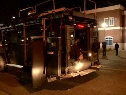 Armored police car in Ferguson following Darren Wilson jury decision Stock Footage