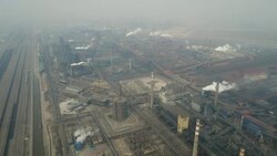 Aerial View of Coking Plant & Air Pollution In China Stock Footage