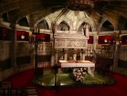 Cathedral (Cathedral of Santa Eulalia), crypt of Santa Eulalia with the sarcophagus, Barcelona, Spain Stock Footage