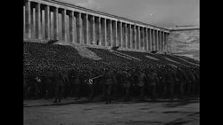 American WWII soldiers parade at Zeppelin Field at Nuremberg at close of European war News Clip
